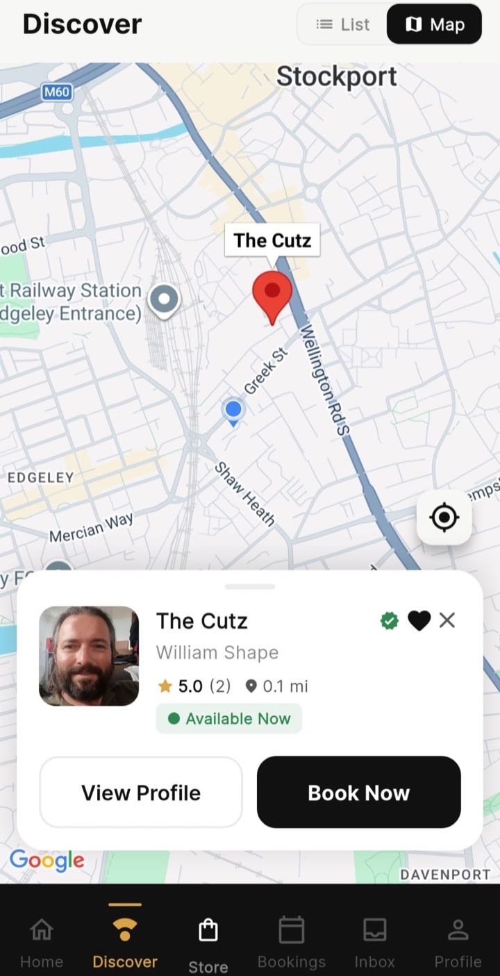 Go2Cut customer app — discover nearby barbers on a map, Available now 0.1 miles away