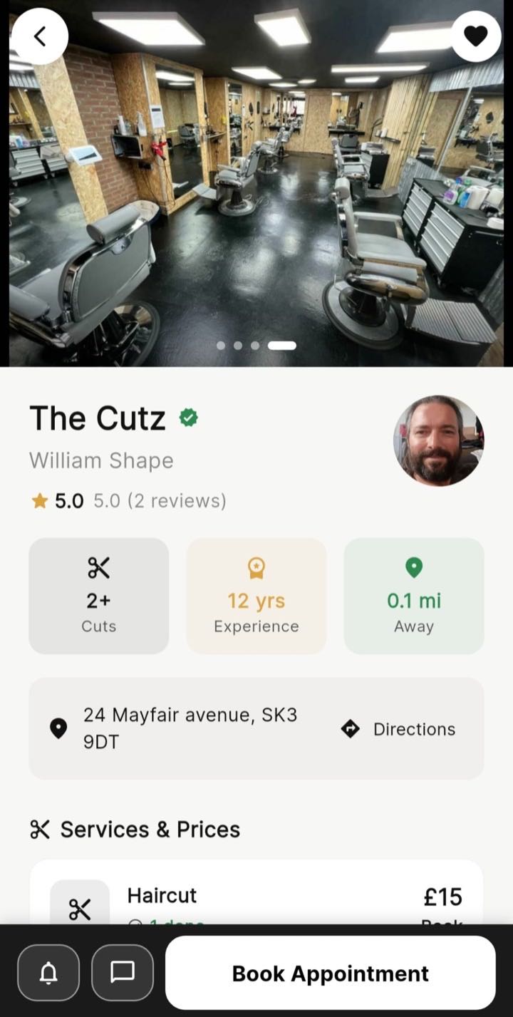 Go2Cut customer app — barber shop profile with reviews, prices and Book Appointment button