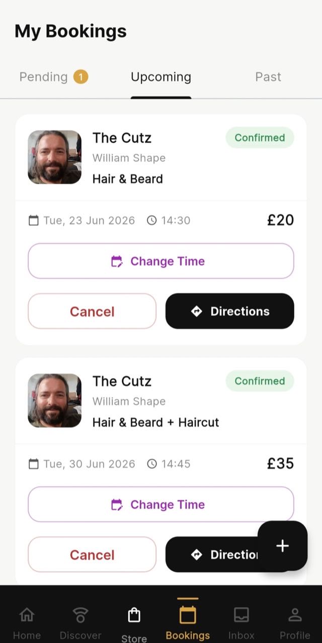 Go2Cut customer app My Bookings — confirmed barber appointments with date, time and price