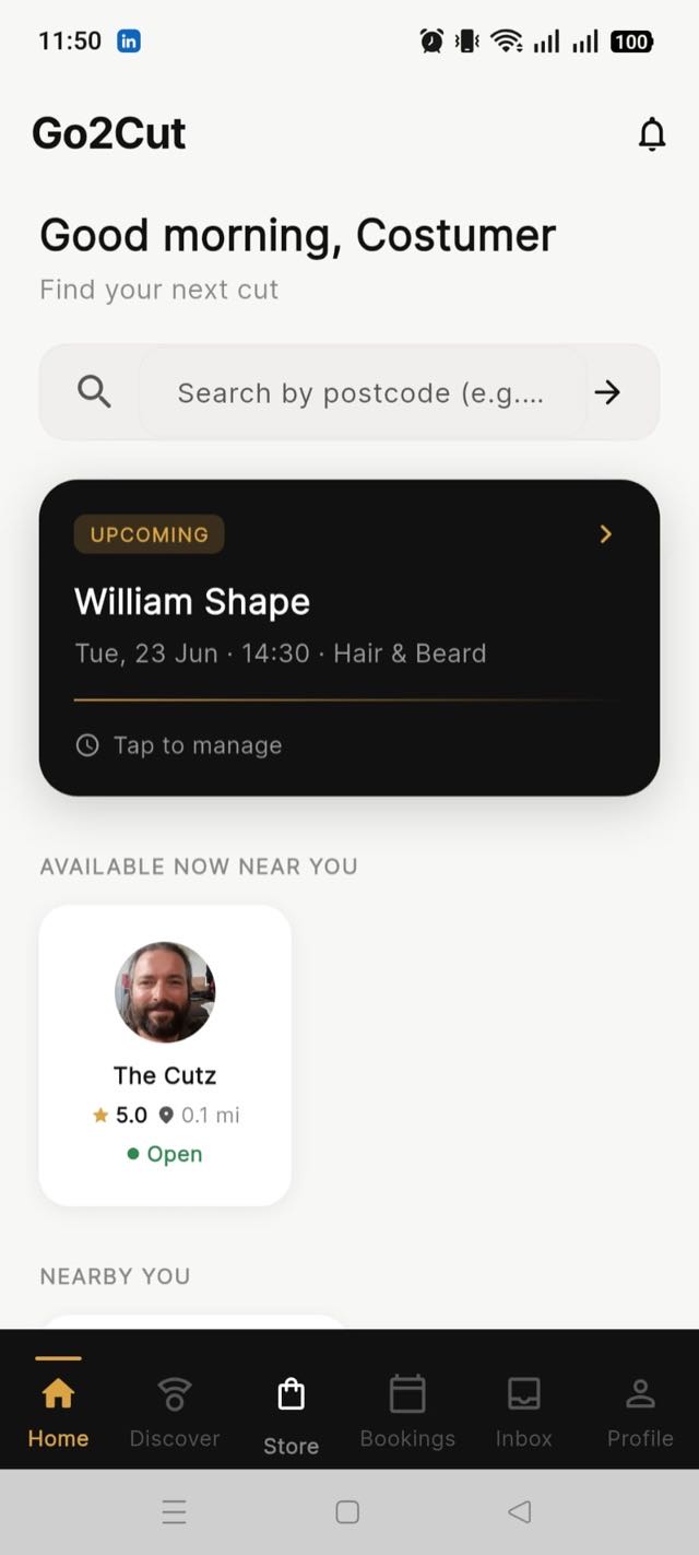 Go2Cut customer app home screen — search barbers, upcoming booking, available now nearby